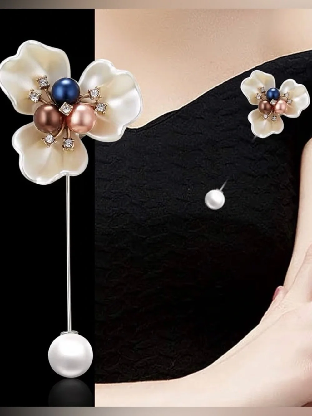 Pearl Floral Brooch Pin - Multicolor Pearls on White Flower NEW With Box